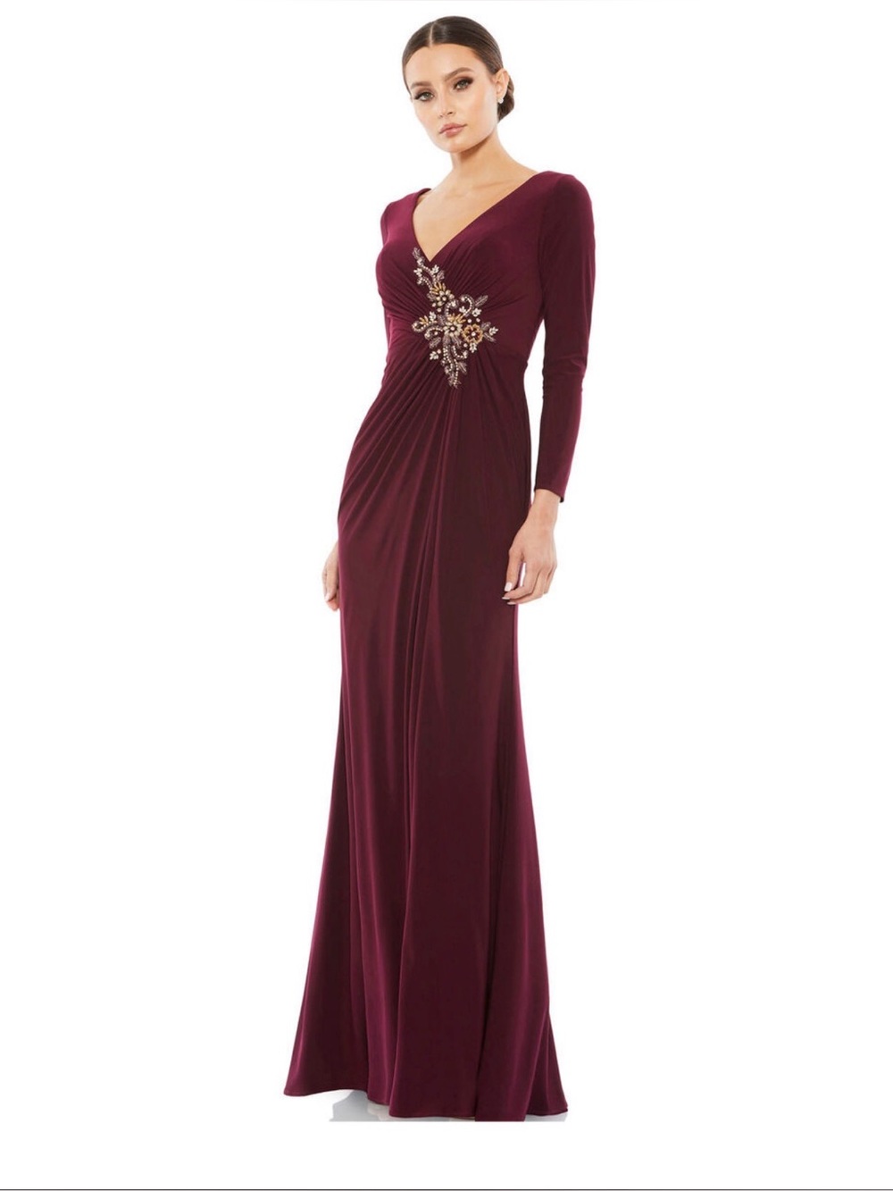 MAC DUGGAL
Red Faux Wrap Long Sleeve Evening Gown with Appliqué Detail Size 14